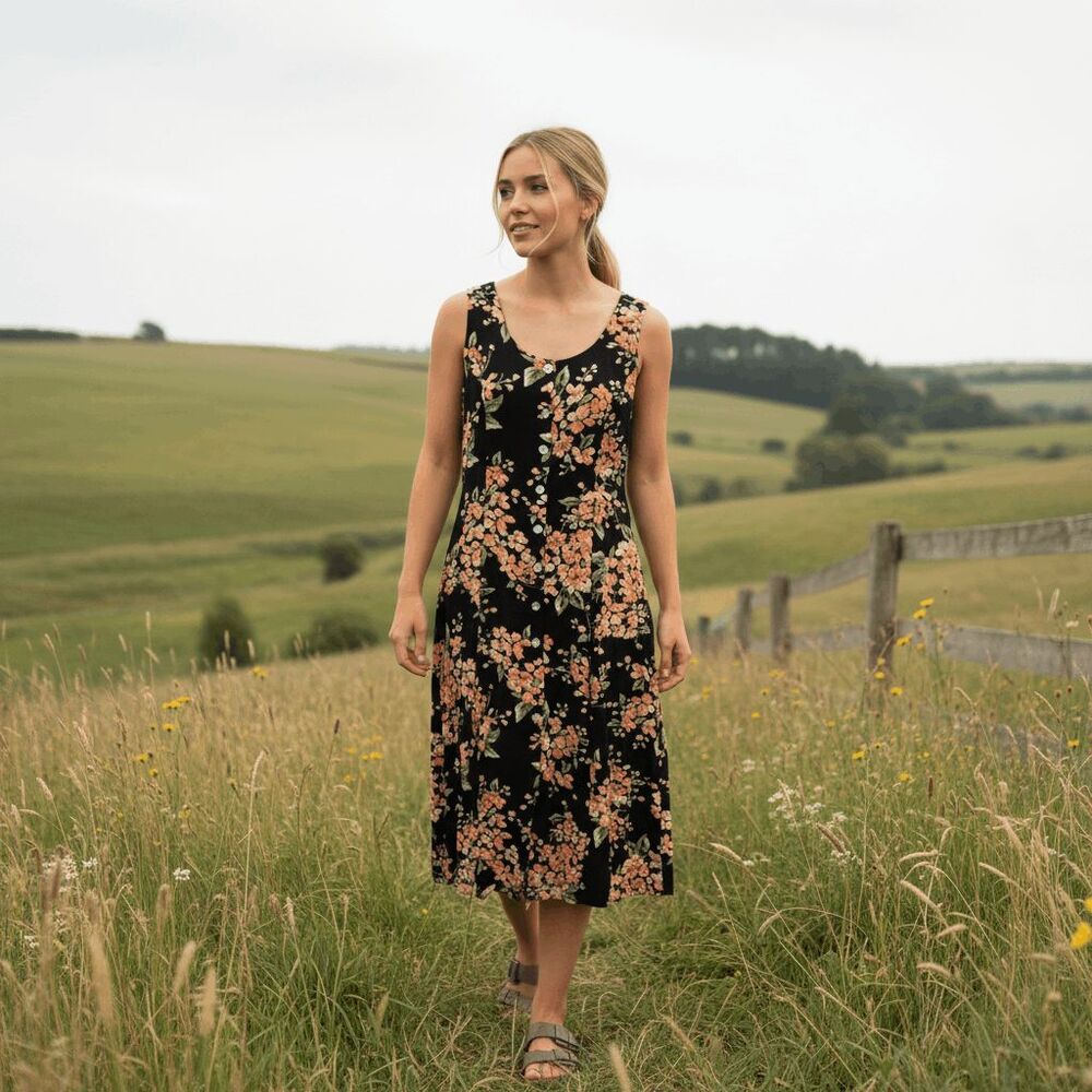 BFA Classics‎ Black Floral Print Midi Dress Button Up Peach Floral Petite Small